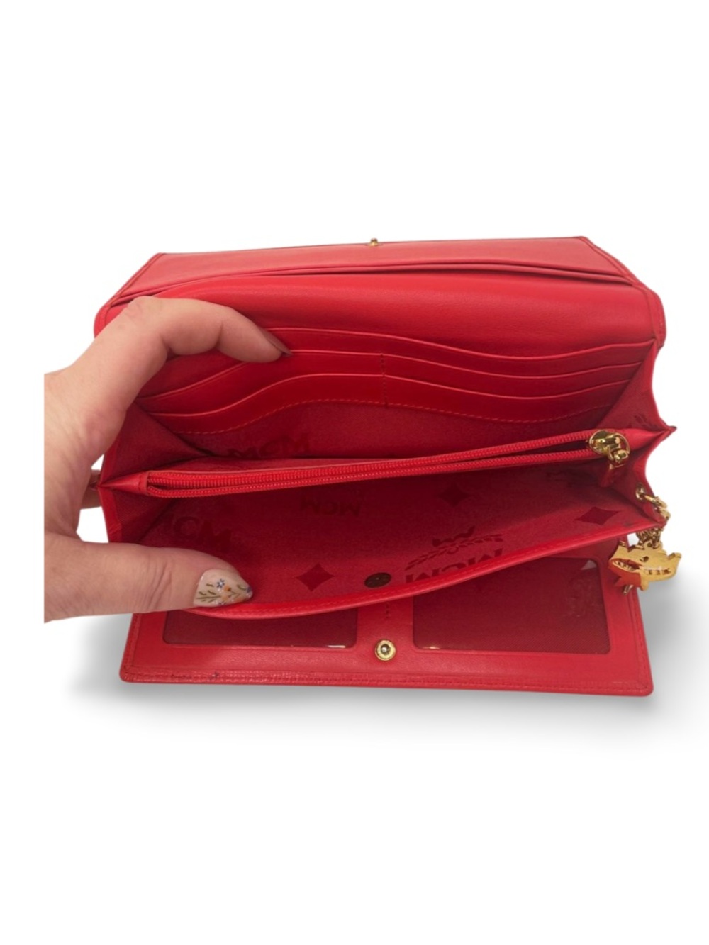MCM Red Leather Long Wallet Gold Hardware Logo Charm Continental Wallet - Picture 6 of 15